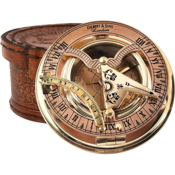 Antique Brass & Copper Sundial Compass, Sundial Clock in Box Gift Sun Clock Ship Replica Watch