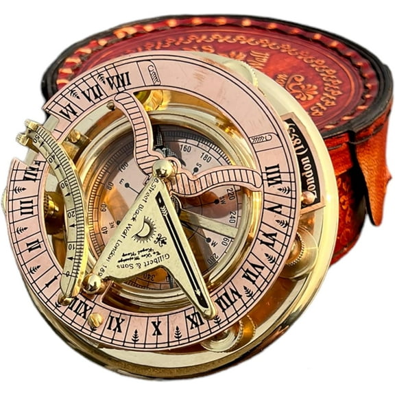 Antique Brass & Copper Sundial Compass, Sundial Clock in Leather Box Gift Sun Clock Ship Replica Watch