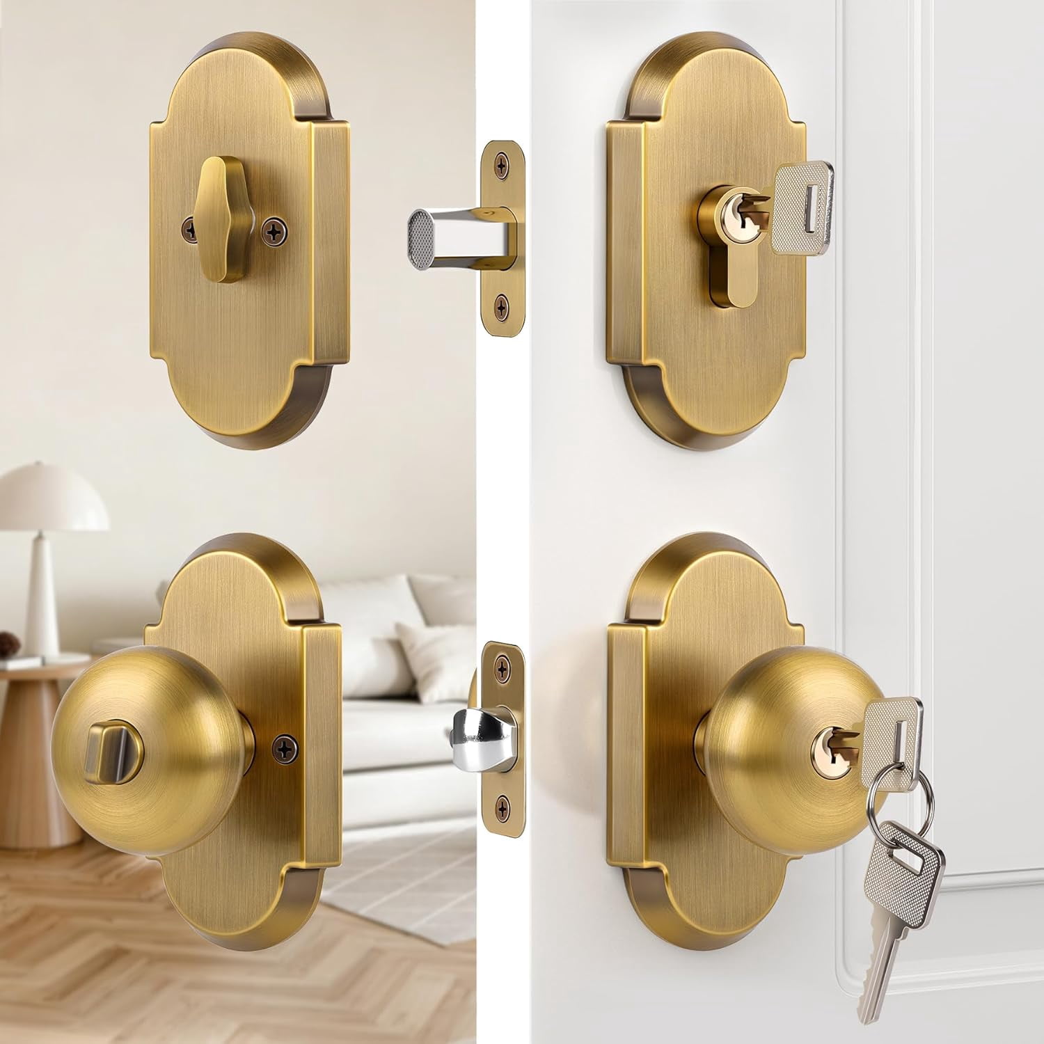 Antique Brass Door Knob with Deadbolt, Keyed Alike Exterior Door Lock Set, Zinc-Alloy Front Door Knob and Deadbolt Set