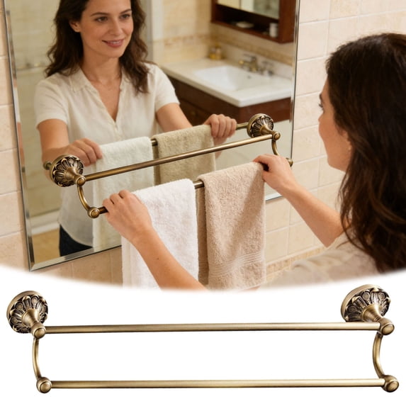Antique Brass Double Towel Bar, 24 inch Bath Towel Holder Wall Mount, Vintage Gold Decorative Bathroom Accessories, Brass Petal-Relief Series