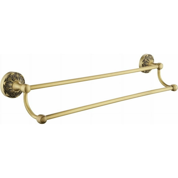 Antique Brass Double Towel Bar, 24 inch Bath Towel Holder Wall Mount, Vintage Gold Decorative Bathroom Accessories, Petal-Relief Series