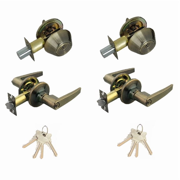 Premier Door Handle and Deadbolt Combo Lock Set Antique Brass Finish, 2-Pack