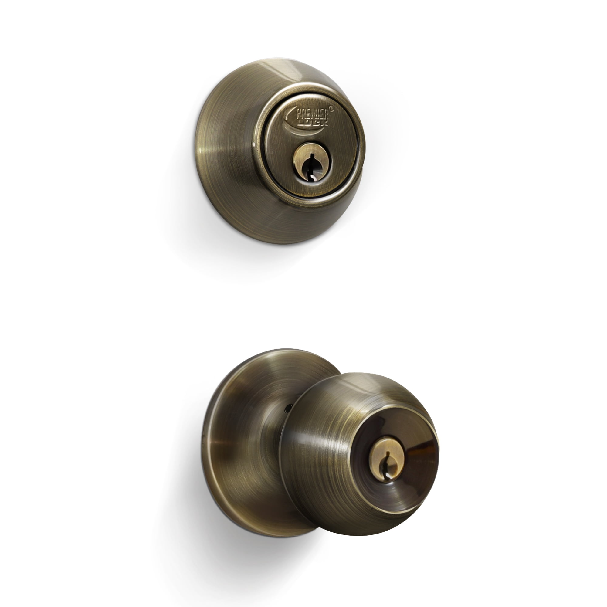 Antique Brass Entry Lock Set Door Knob & Deadbolt Keyed Alike SC1 Keyway. 6 Total Keys, Keyed Alike