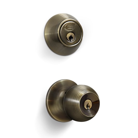 Antique Brass Entry Lock Set Door Knob & Deadbolt Keyed Alike SC1 Keyway. 6 Total Keys, Keyed Alike
