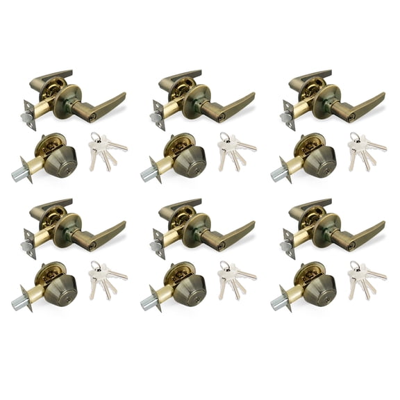 Antique Brass Entry Lock Set Door Lever Handle and Deadbolt Keyed Alike
