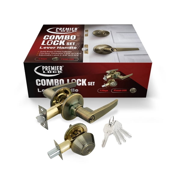 Antique Brass Entry Lock Set Lever Handle and Deadbolt Keyed Alike KW1 Keyway 4 Total Keys