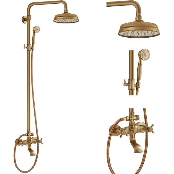 Antique Brass Exposed Shower Faucet Set 8 Inch Rainfall Head Handheld Spray Tub Spout Triple Functions Wall Mount Shower Fixture 2 Cross Handle Bathroom