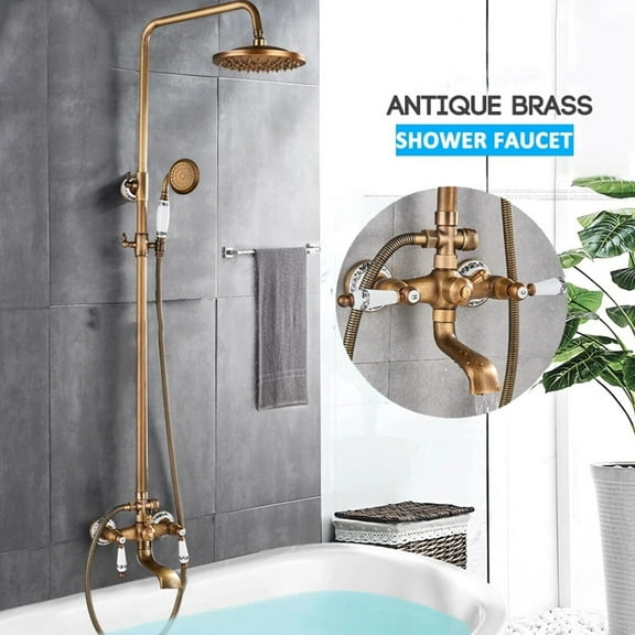 Antique Brass Exposed Shower Faucet Set Waterfall Tub Spout Shower System Kit