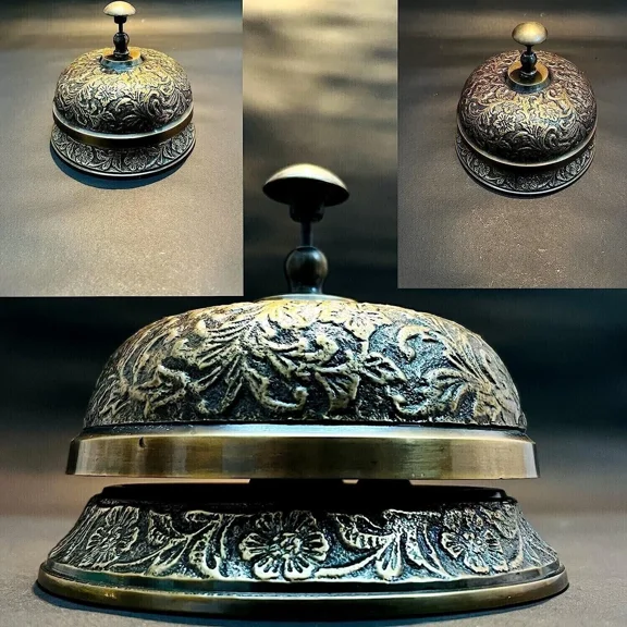 Antique Brass Floral Desk Bell 4" Ornate Service Bell for Hotel, Office, Counter, Reception Dcor