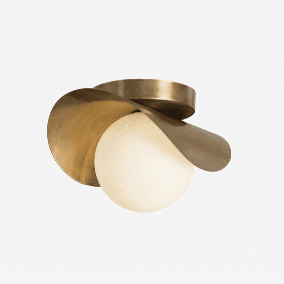 Antique Brass Flower Petal Flush Mount Ceiling Light - Modern Sculptural Globe Fixture, White Opal Glass Ball Light for Bedroom, Entryway