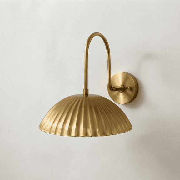 Antique Brass Fluted Dome Wall Sconce, Modern Gooseneck Arm Wall Light Fixture, Ribbed Scalloped Shade Wall Lamp for Bedroom, Living Room, Hallway, New Design