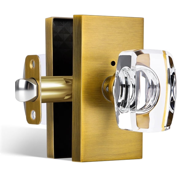 Antique Brass Glass Crystal Door Knobs Interior with Lock, Modern Crystal Glass Rectangular Privacy Door Knobs for Bedroom and Bathroom