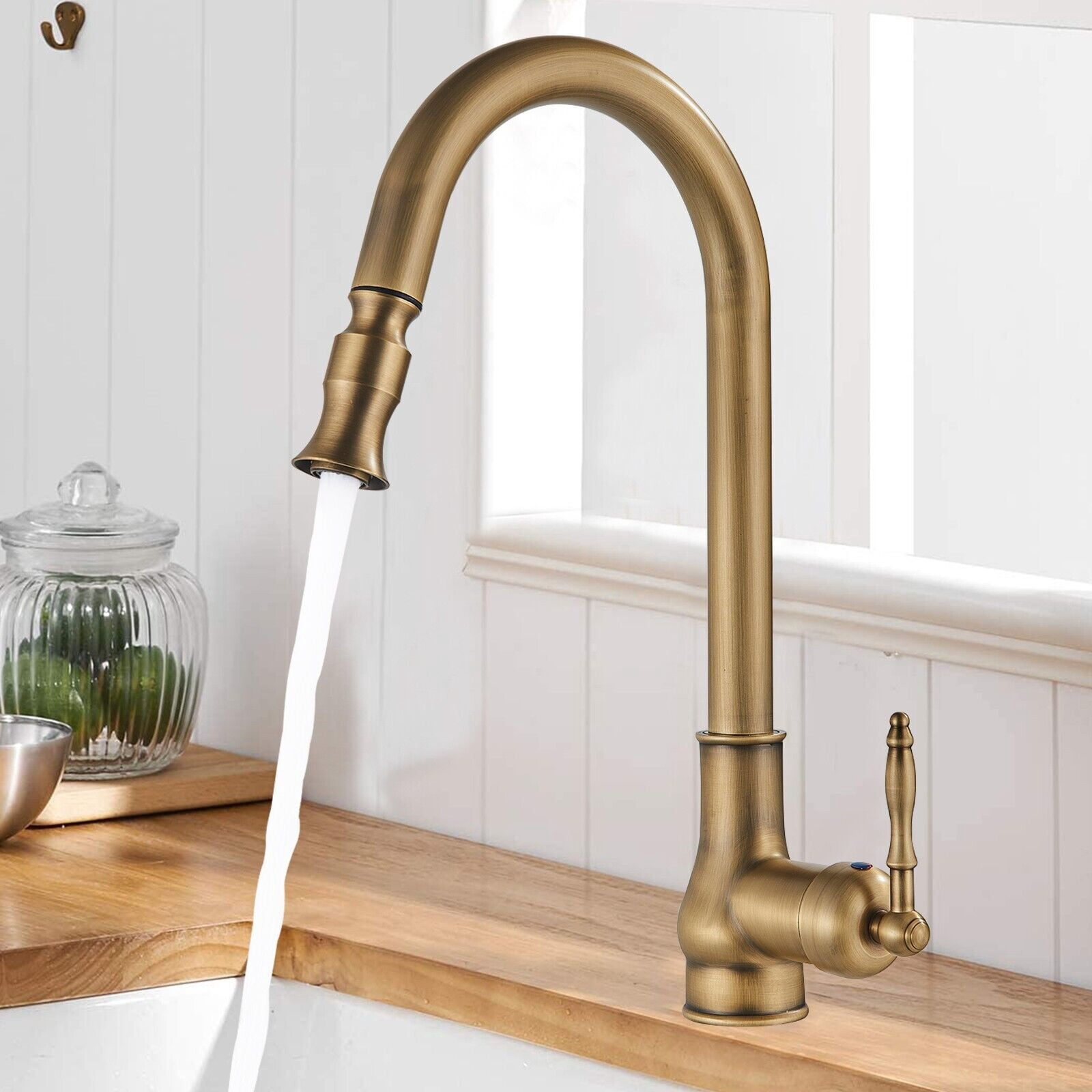 Antique Brass Kitchen Faucet Pull Down Sprayer Single Handle Swivel Spout Mixer - Walmart.com