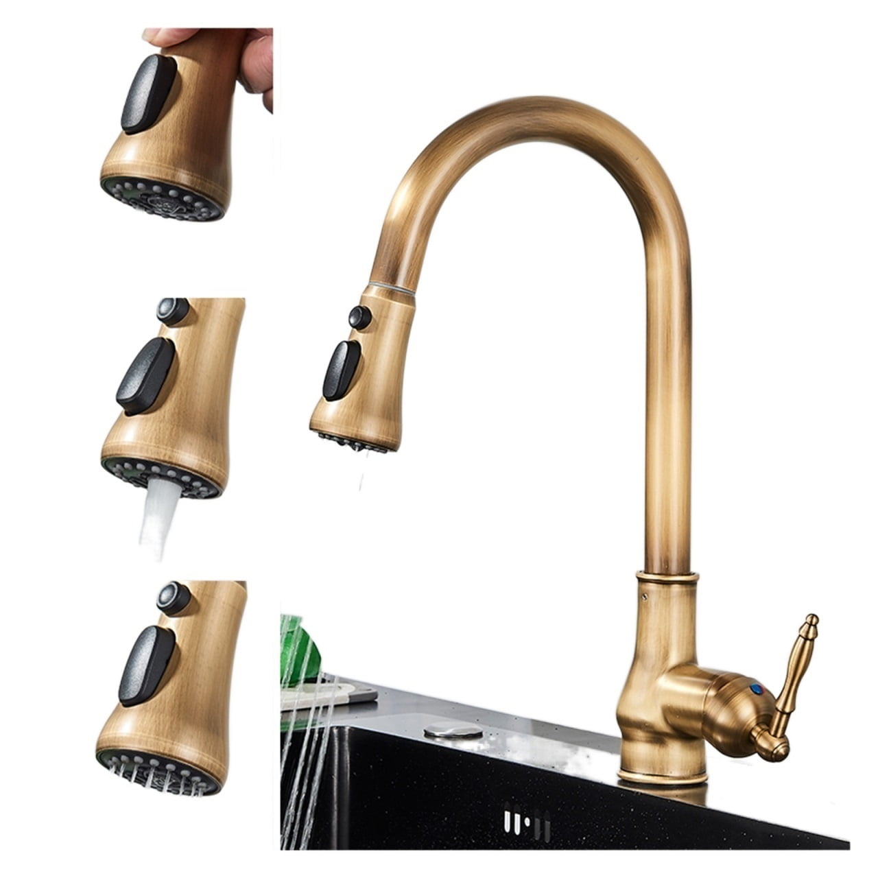 Antique Brass Kitchen Faucet Pull Out Kitchen Sink Faucet Single Handle Faucet 360 Rotate ...