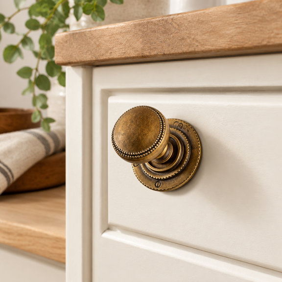 Antique Brass Knob With Stepped Beaded Rosette Backplate Knob With Plate4 Cabinet Furniture Pulls, 6 Pack