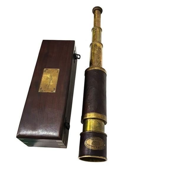 Antique Brass Leather Telescope Nautical Functional Handheld Pirate Spyglass Handmade Vintage Collectible Wooden Box Kelvin & Hughes London 1917