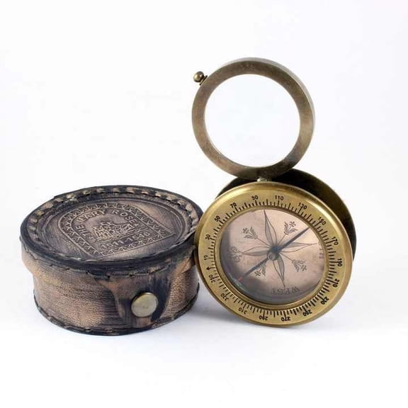 Antique Brass Magnetic Compass with Magnifying Glass Leather Case Magnetic Finish-Durable Metal Tool