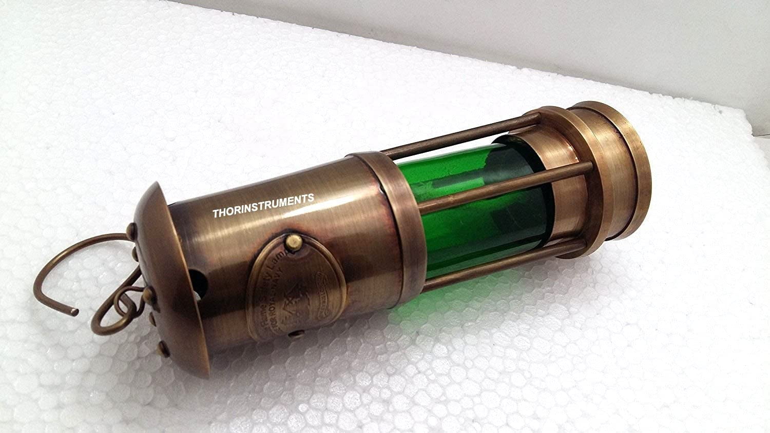 Antique Brass Miner Lamp Vintage Look Nautical Oil Lamp Green Glass 8 Inches