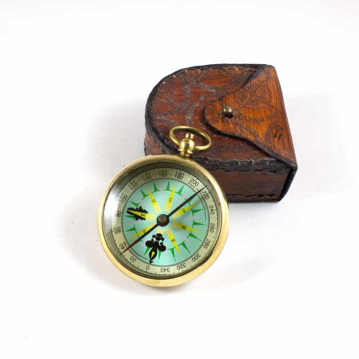 Antique Brass Nautical 2\" Directional Compass with Engraved Leather Case Novelty Gifts