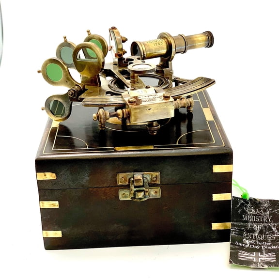 Antique Brass Nautical Sextant & Compass with Wooden Box  Vintage Maritime Astrolabe Ship Navigation Instrument, J. Scott London Replica, Marine Decor Gift