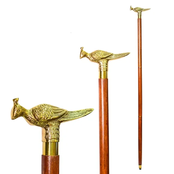 Antique Brass Peacock Walking Stick 37 Inch  Wooden Cane with Vintage Gold Finish Bird Handle, Decorative Mobility Support Walking Cane for Men & Collectors