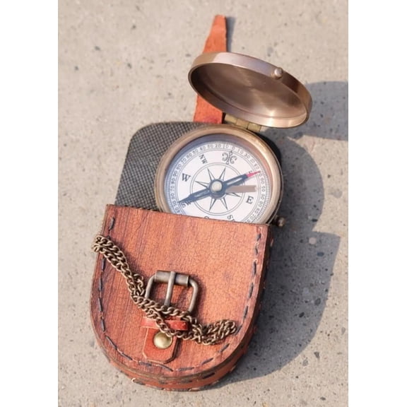 Antique Brass Pocket Compass with Chain, Functional Vintage Nautical Navigation Tool, Engraved Steampunk Style Pocket Watch Compass, Unique Anniversary & Birthday Gift for Men
