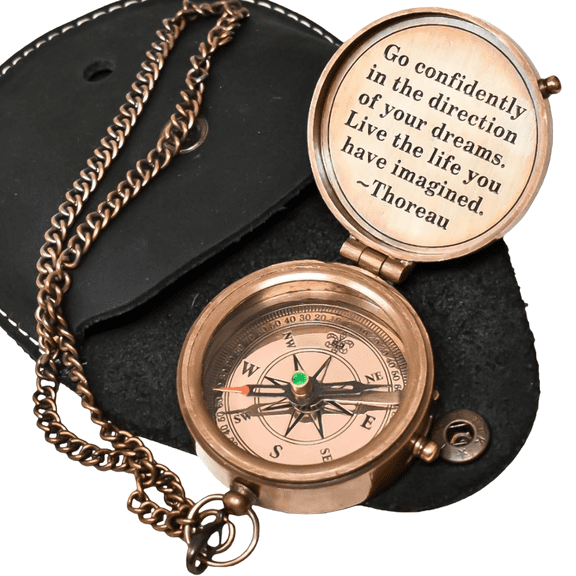 Antique Brass Pocket Compass with Engraved Thoreau Quote, Leather Case & Chain – Nautical Vintage Gift for Men, Graduation, Hiking, Adventurer – 0.3 lb