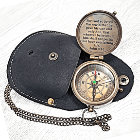 Antique Brass Pocket Compass with John 3:16 Bible Verse Engraved in Bold Arial Font, Christian Spiritual Gift with Black Leather Pouch & Chain, Vintage Compass for Men & Women 2.5"