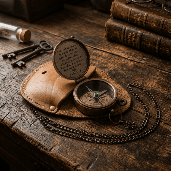 Antique Brass Pocket Compass with John 3:16 Bible Verse Engraved in Italic Font, Christian Spiritual Gift with Brown Leather Pouch, Vintage Navigational Compass for Men & Women