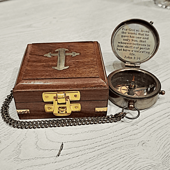 Antique Brass Pocket Compass with John 3:16 Engraving & Handcrafted Wooden Box – Nautical Anchor Keepsake Gift for Men, Graduation, Confirmation, Baptism – 2.5" Compass + 3" Wood Storage Case with Ch