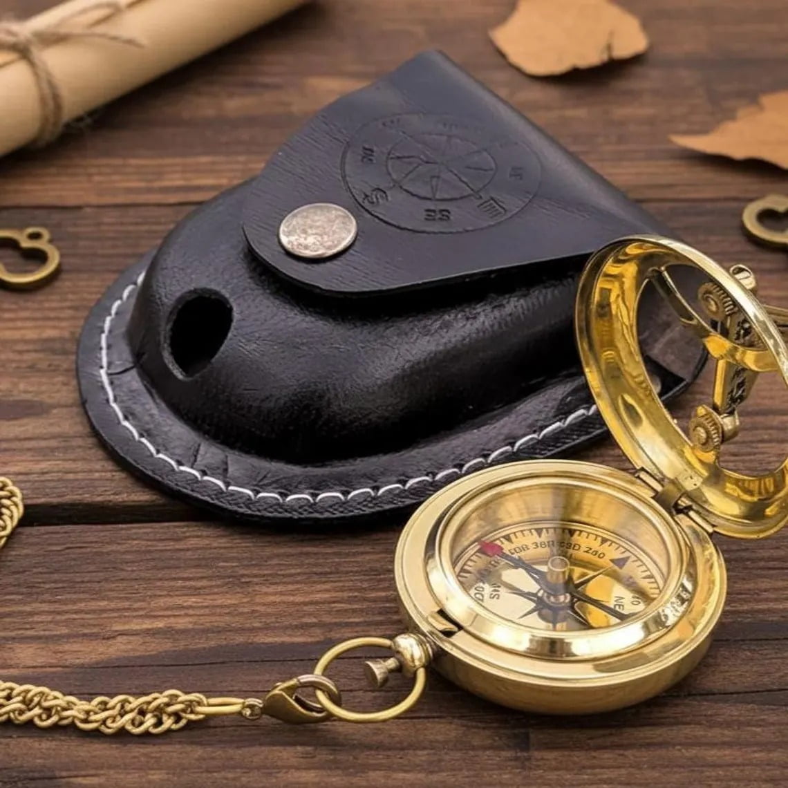 Antique Brass Pocket Compass Vintage Nautical Maritime Gift with Leather Case