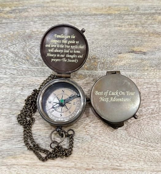 Antique Brass Pocket Compass with Leather Case Compass for Camping, Hiking Gift for Men, Him, Son | Engraved Compass