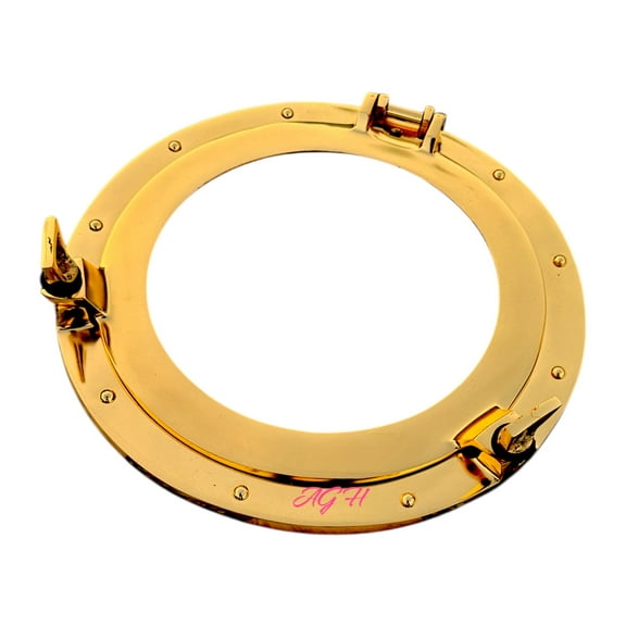 Antique Brass Porthole Mirror, 12 Inch Round Ship Window Wall Decor, Maritime Coastal Mirror