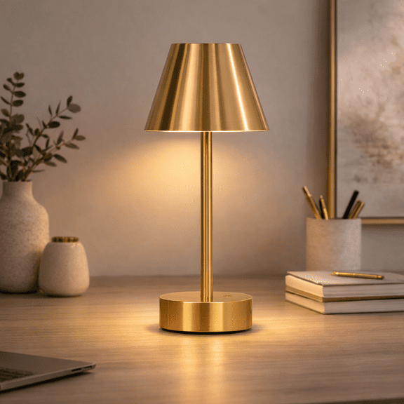 Antique Brass Rechargeable LED Table Lamp with Touch Switch for Living Room, Bedroom, Office - 10.5 Inch Gold Plated Brass Design