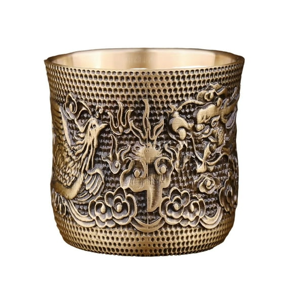 Antique Brass Relief Dragon Slim Waist Cup, Decorative Tea Table Display Ornament, Handcrafted Collectible Drinkware for Home
