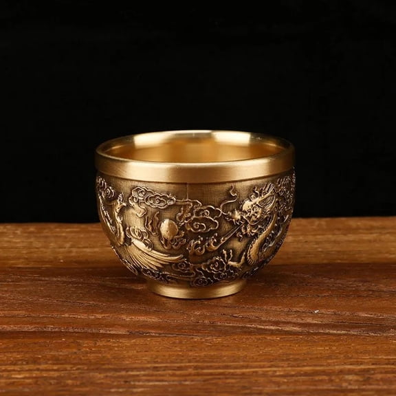 Antique Brass Relief Lucky Cup Slim Waist Tea Cup Dragon Decorative For Tea Table Home Collection Chinese