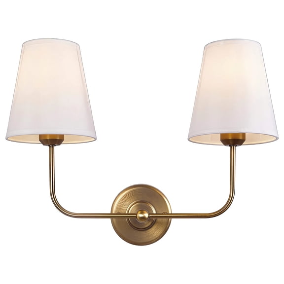 Antique Brass Sconce, 2-Light Fixture, American Retro Style with Fabric Shade, 18.9 In / 49 Cm Double Wall Lamp For Hallway, Bedroom, Bathroom Vanity, 110V