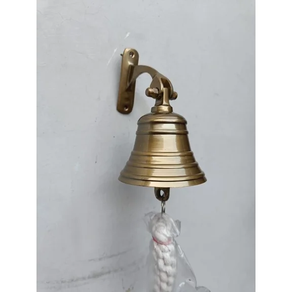 Antique Brass Ship Bell – Nautical Hanging Door Bell with Wall Mounted Bracket | Vintage Maritime Décor | 3.5-Inch Brass Bell