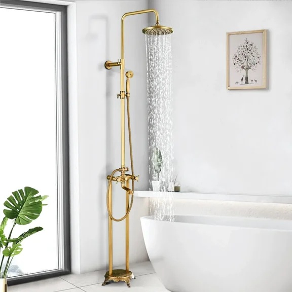 Antique Brass Shower Faucet System Freestanding Tub Faucet Filler Floor Mounted