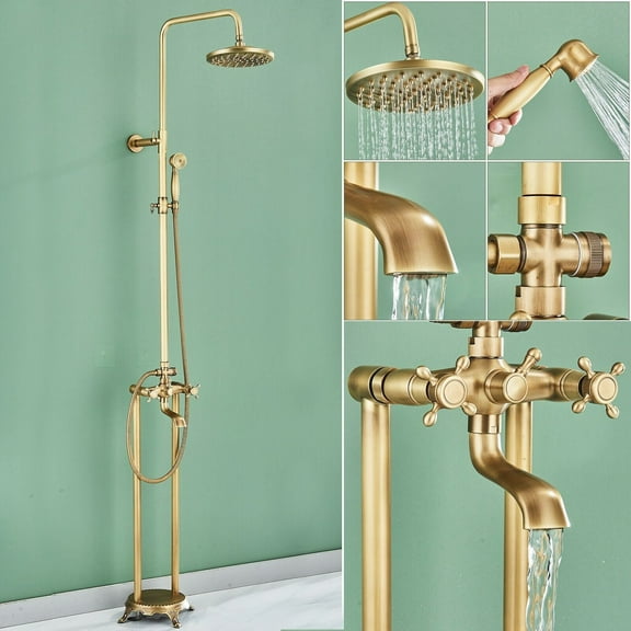 Antique Brass Shower Faucet System Freestanding Tub Faucet Filler Floor Mounted