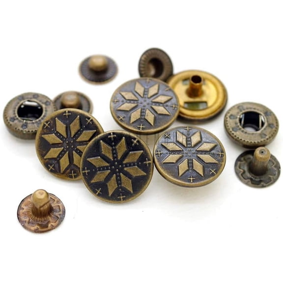 Antique Brass Snowflake Snap Fasteners S-Spring Popper Stud Closure Button for Jeans Jacket Leather Craft 10 Pack TL03 (15 mm)