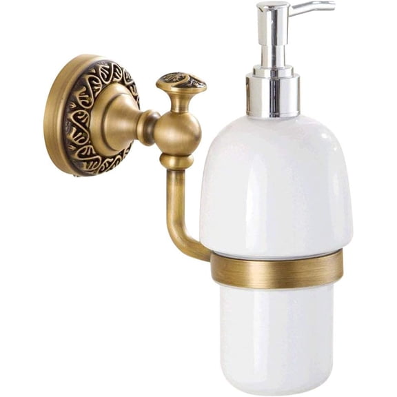 Antique Brass Soap Dispenser,Wall Mount Hand Soap Pump Bathroom Liquid Holder Lotion Bottles Vintage Dish Ceramics Removable for Kitchen Sink Countertop