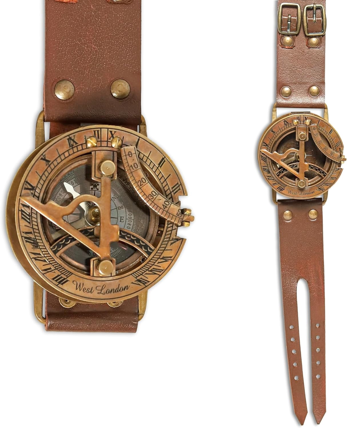 Antique Brass Sundial Compass With Leather Strap Collectible Gift Item ...
