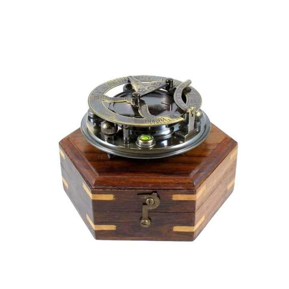 Antique Brass Sundial Directional Compass with Wooden Square Box Leather and Alloy Material