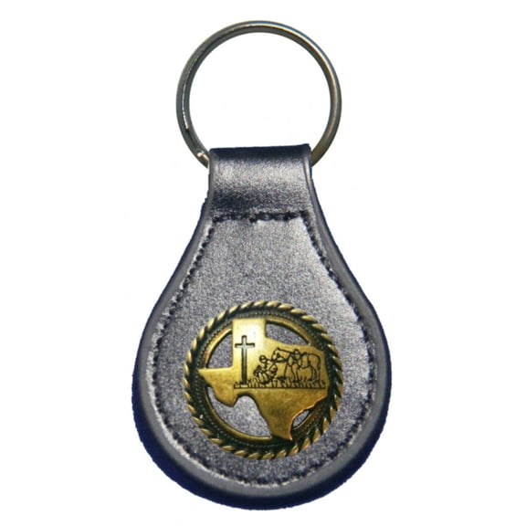 Antique Brass Texas Praying Cowboy Church leather key fob or keychain Black