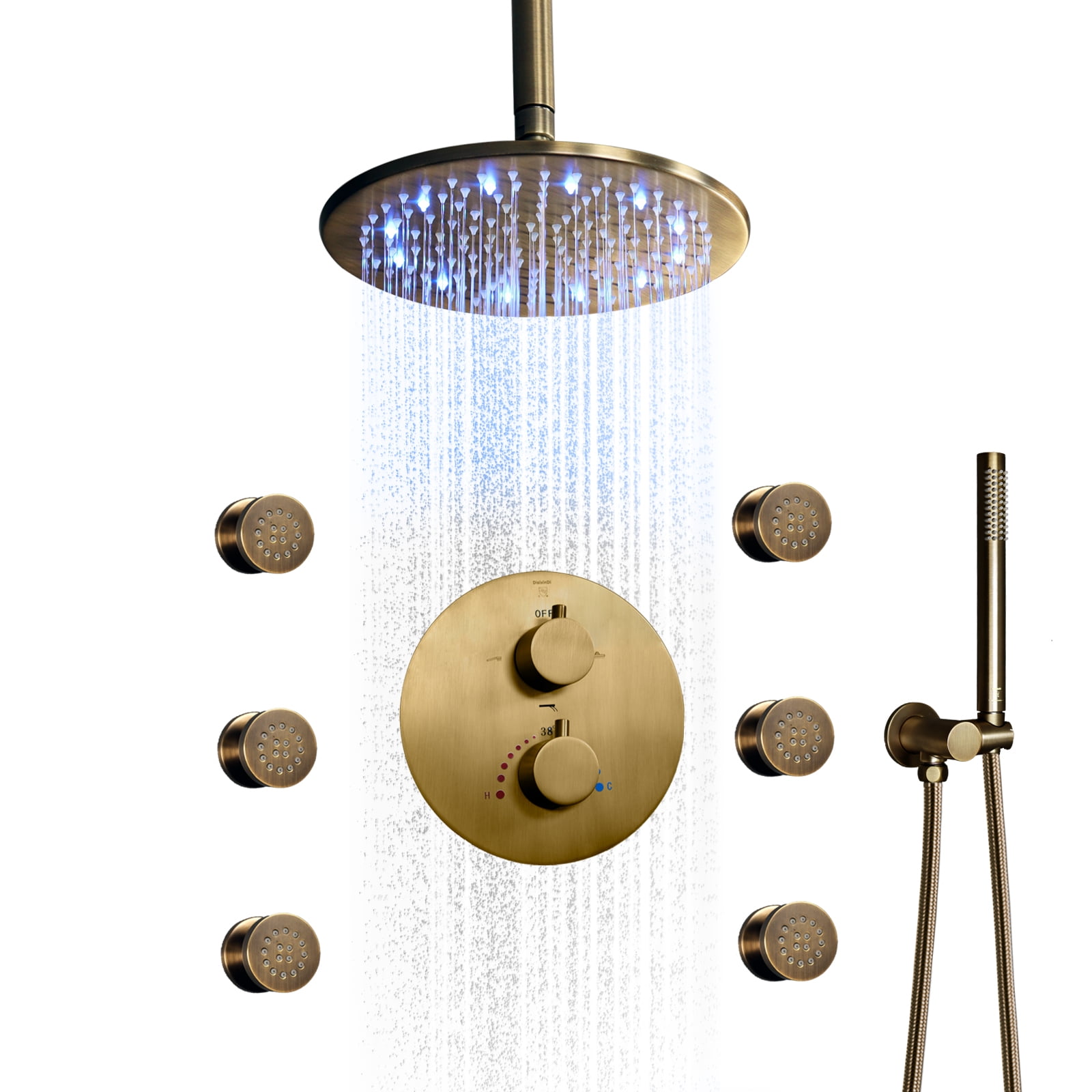 Antique Brass Thermostatic Rain Shower System 10 Inch LED Ceiling