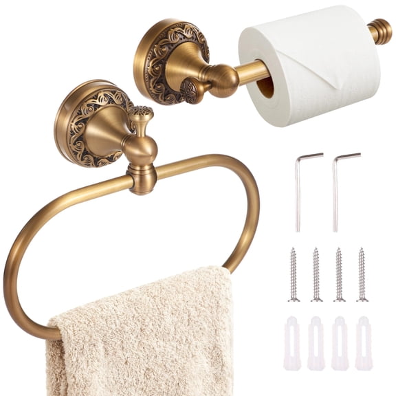 Antique Brass Toilet Paper Holder Towel Ring, Set of 2 Retro Brushed Brass Bathroom Accessories, Wall Mounted Tissue Roll Holder & Towel Hanger, Vintage Bathroom Kitchen Decor