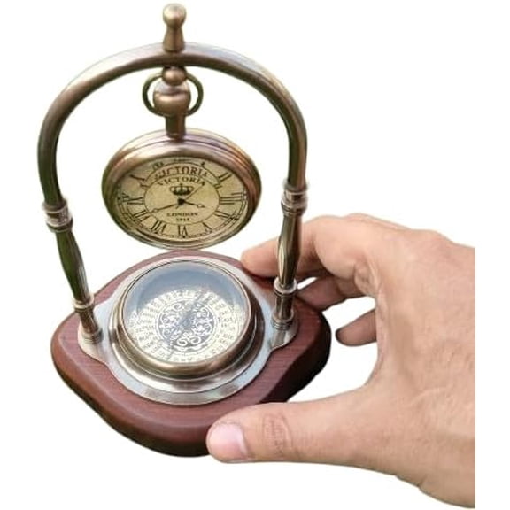 Antique Brass Victoria Table Clock with Compass: Nautical Home Decor Victorian Style Nautical Desk Clock with Compass, Wooden Stand, Vintage Decorative Table Timepiece