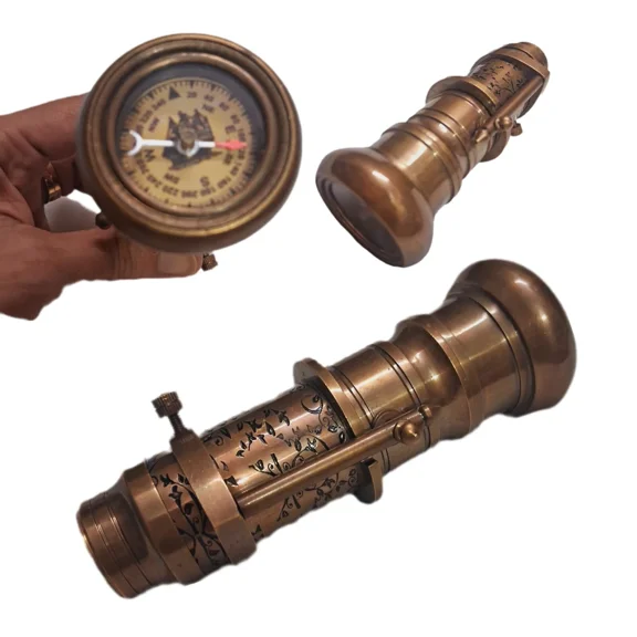 Antique Brass Walking Stick Handle with Compass & Telescope Head, Unisex Adult, Vintage Cane Topper Replacement Accessory