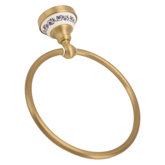 Antique Brass Wall-Mounted Hand Towel Ring with Blue & White Porcelain Base - Stainless Steel Bathroom Accessory